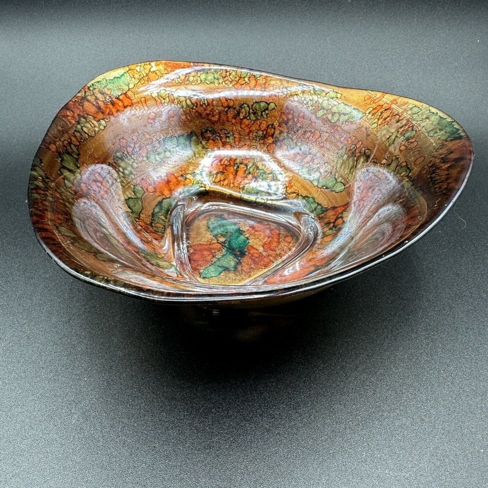 IL Quadrifoglio Italy Art Glass Triangle Bowl Gold Bottom Green Gold Orange